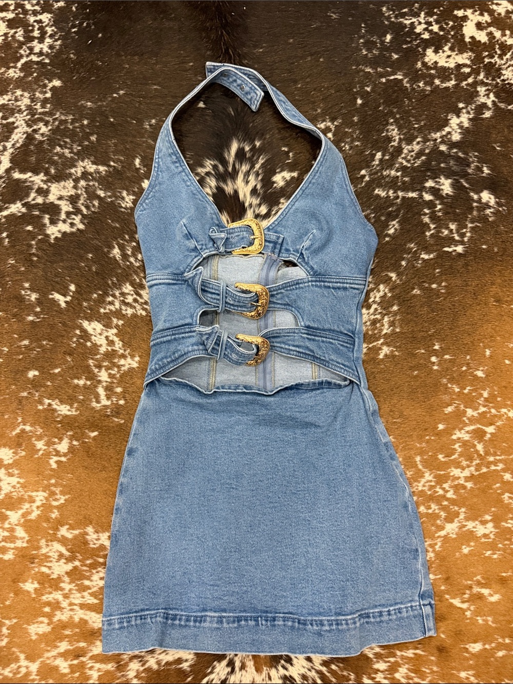 Denim Halter Mini Dress with Gold Buckle Detail